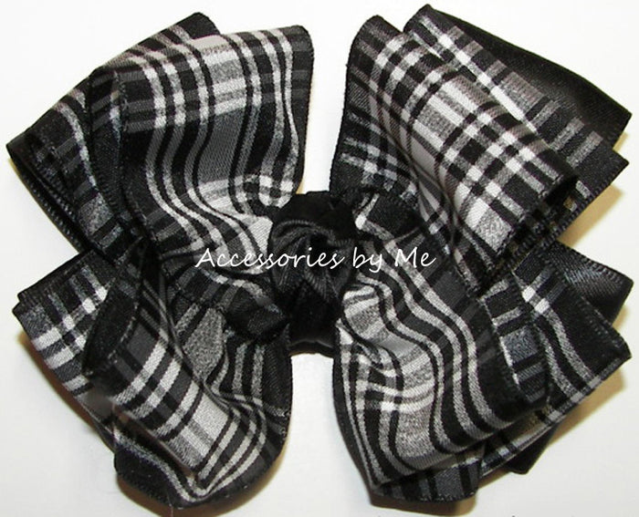 Black White Check Plaid Satin Hair Bow - Accessories by Me