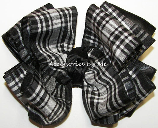 Black White Check Plaid Satin Hair Bow - Accessories by Me
