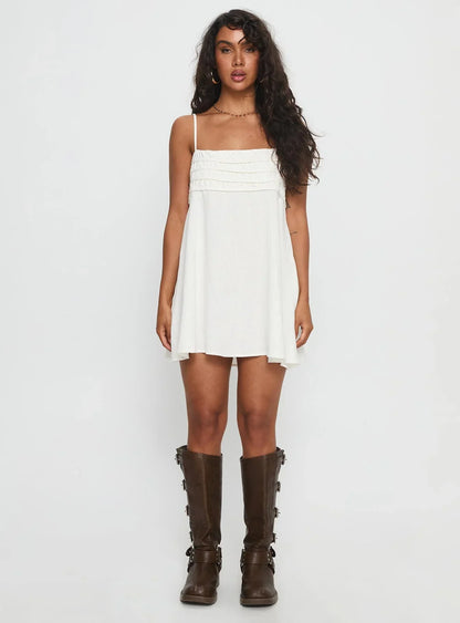 Every Breath Linen Shift Mini Dress White