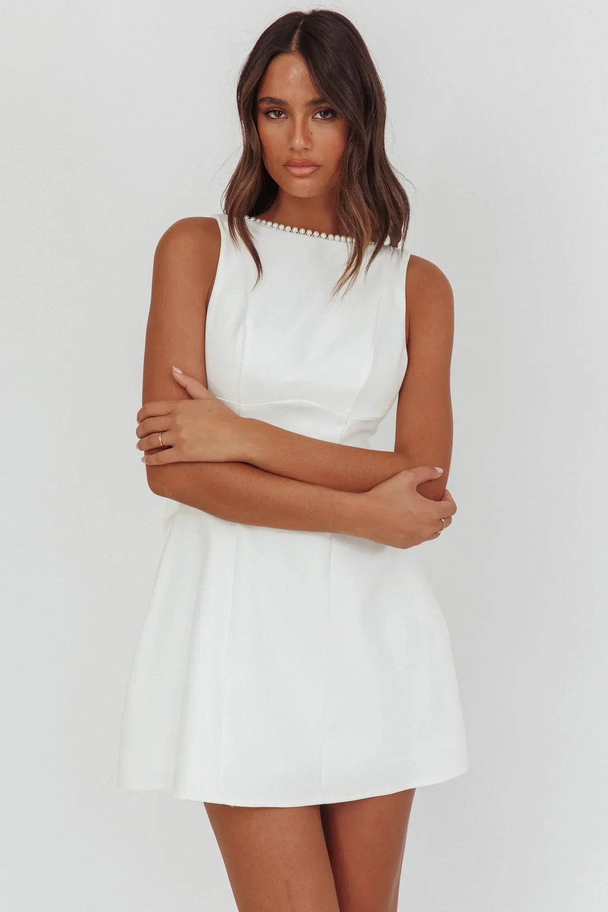 Opulent Pearl Trim Oversized Bow Mini Dress White