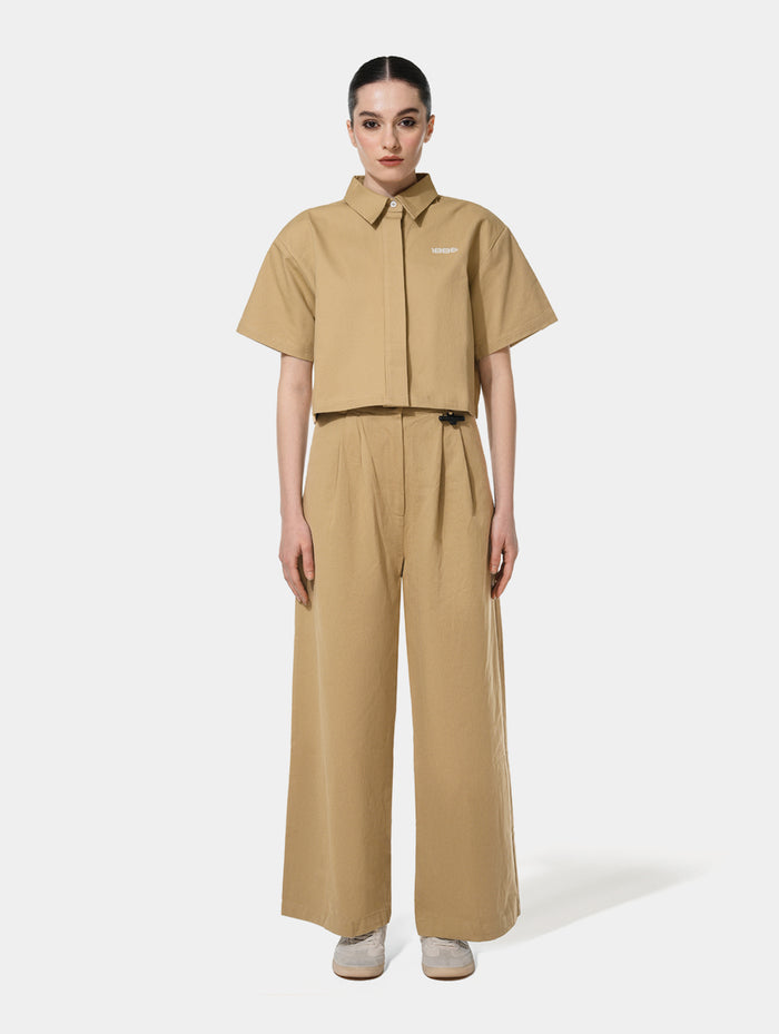 DISTRESSED CROPPED SHIRT- BEIGE