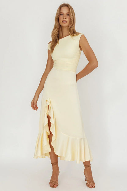 Moonlit Magic Asymmetric Neckline Satin Ruffle Dress Butter