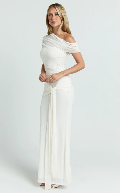 Nicolette Maxi Dress - Cape Sleeve Off Shoulder Dress in Cream