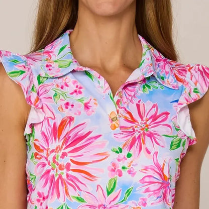G Lifestyle S/L Ruffle Top - Pink Flower Garden