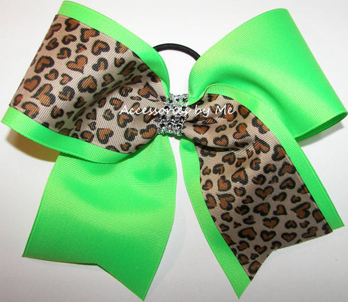 Leopard Neon Green Rhinestone Center Wrap Big Cheer Bow
