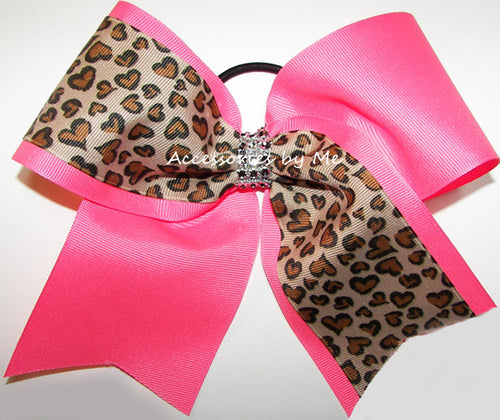 Leopard Neon Pink Rhinestone Center Wrap Big Cheer Bow