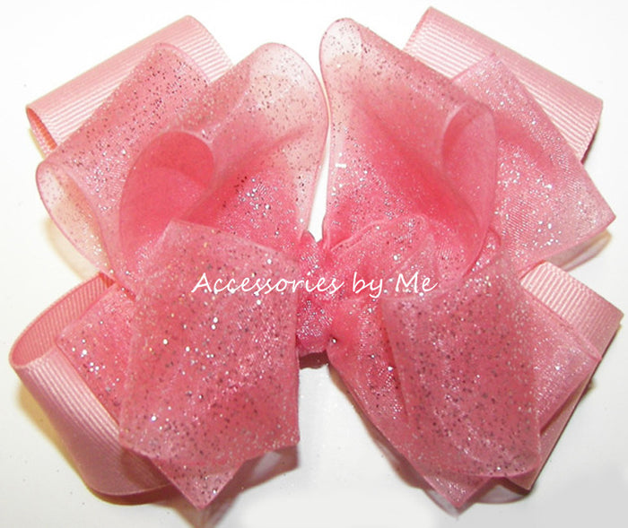 Glitzy Coral Pink Organza Satin Hair Bow - Accessories by Me