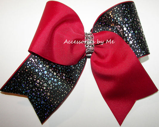 Glitzy Cranberry Red Black Foil Rhinestones Cheer Bow