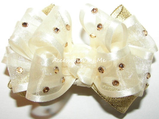 Glitzy Ivory Gold Organza Lame Hair Bow