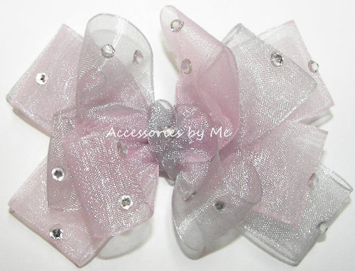 Glitzy Light Pink Silver Organza Hair Bow - Accessories by Me