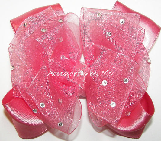 Glitzy Pink Coral Organza Satin Hair Bow