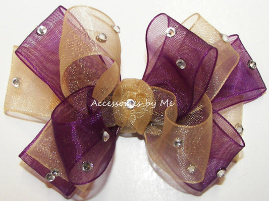 Glitzy Plum Gold Organza Hair Bow - Accessories by Me