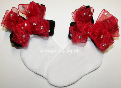 Glitzy Red Black Organza Velvet Bow Socks