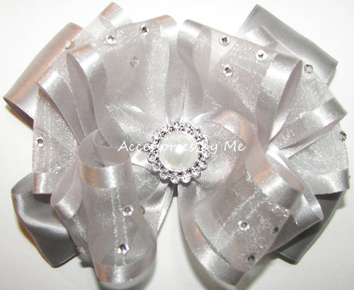 Glitzy Silver Organza Satin Pearl Rhinestone Center Hair Bow
