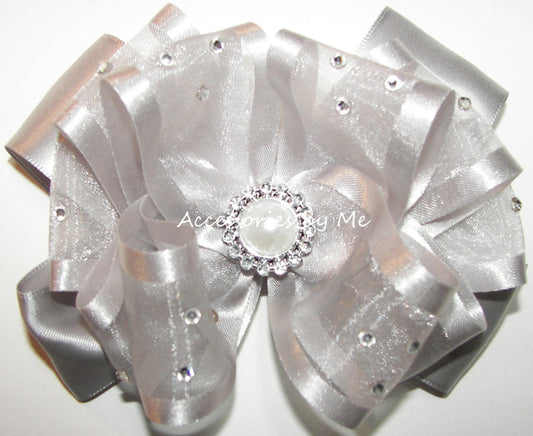 Glitzy Silver Organza Satin Pearl Rhinestone Center Hair Bow