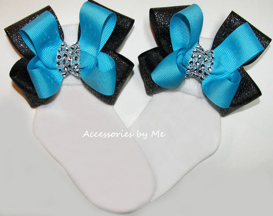 Turquoise Sparkly Black Rhinestone Center Bow Socks