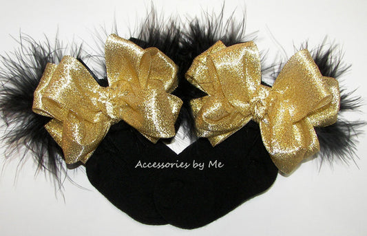Glitzy Gold Black Marabou Bow Socks