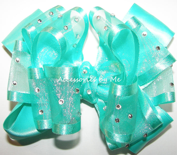 High Glitz Aqua organza Satin Trim Hair Bow