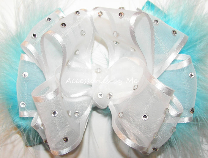 High Glitz White Turquoise Organza Marabou Hair Bow