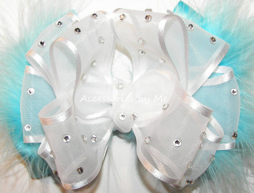 High Glitz White Turquoise Organza Marabou Hair Bow