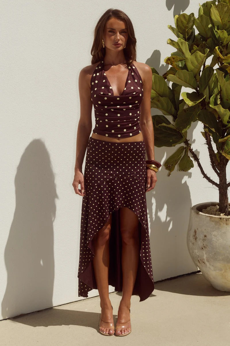 Melody Halter Top - Choc/Lemon Polka