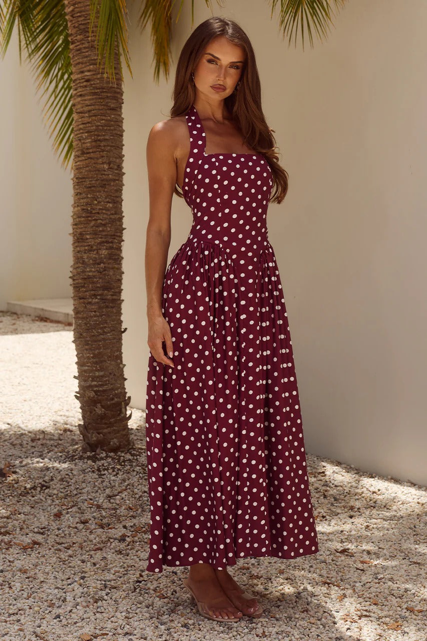 Sammi Midi Dress - Wine/White Polka