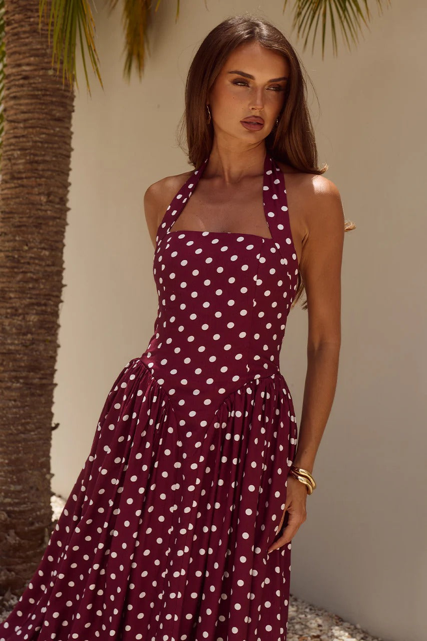 Sammi Midi Dress - Wine/White Polka