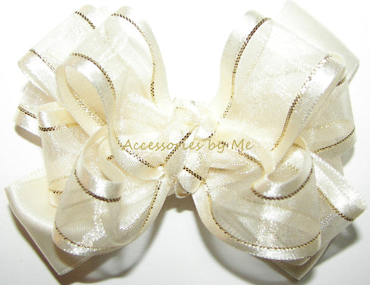 Ivory Gold Organza Satin Hair Bow