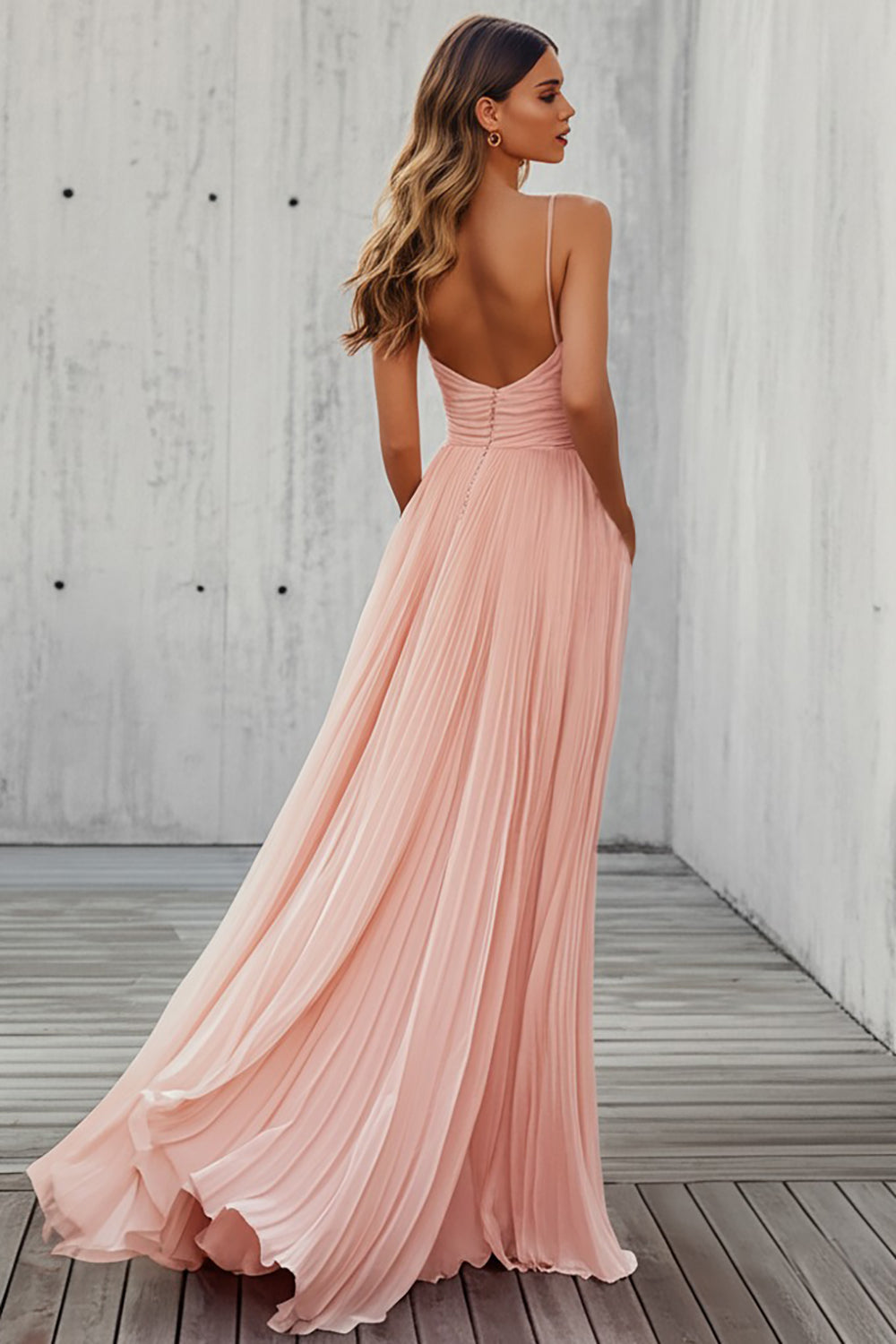 Pink Spaghetti Straps Chiffon Long Wedding Guest Dress with Pleated