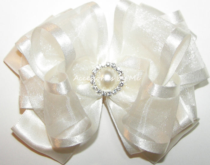 Light Ivory Organza Satin Pearl Rhinestone Center Hair Bow