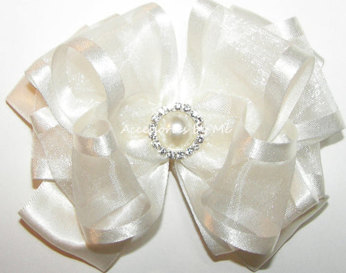 Light Ivory Organza Satin Pearl Rhinestone Center Hair Bow