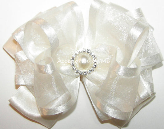 Light Ivory Organza Satin Pearl Rhinestone Center Hair Bow