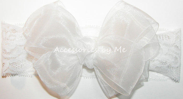 White Organza Bow Wide Lace Stretch Headband