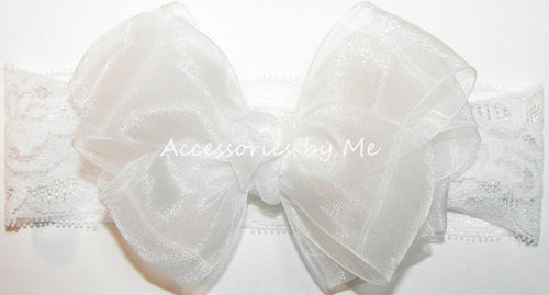 White Organza Bow Wide Lace Stretch Headband