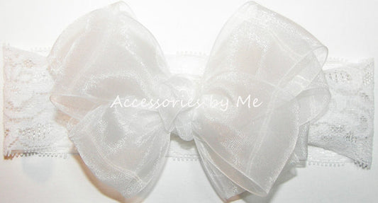 White Organza Bow Wide Lace Stretch Headband