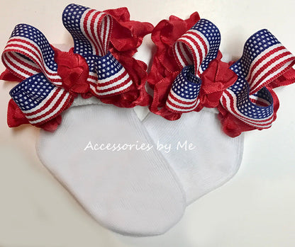 Patriotic US Flag Red Ruffle Bow Socks