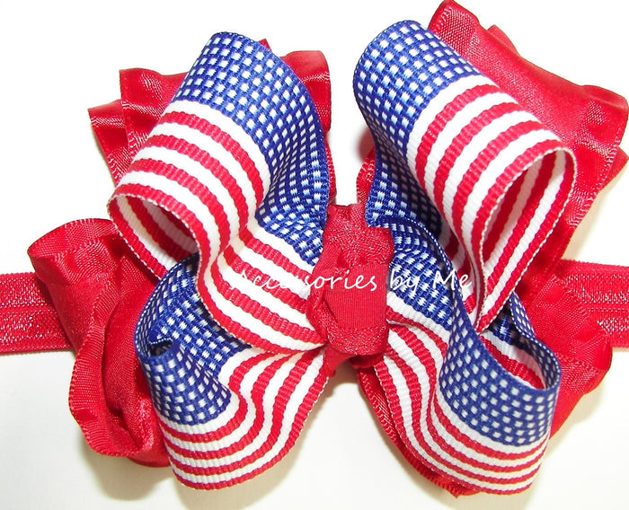 Patriotic US Flag Ruffle Bow Skinny Headband
