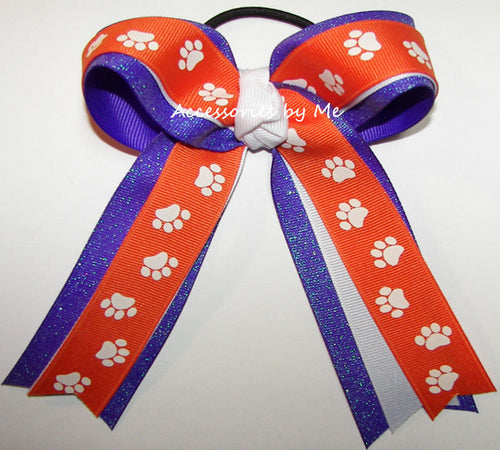 Orange Paw Print White Purple Sparkly Ponytail Bow