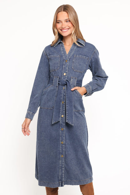 Ballina Long Sleeve Midi Dress - Blue Denim