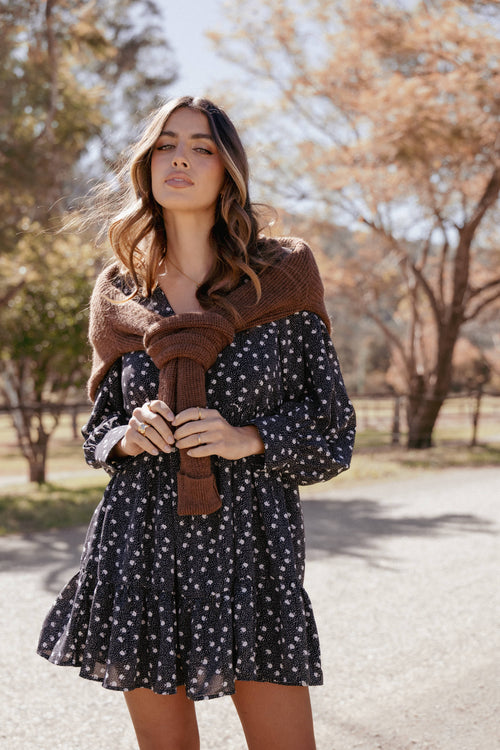 Frankie Long Sleeve Mini Dress - Black Floral