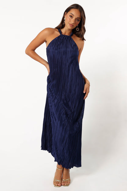 Melody Plisse Halter Maxi Dress - Navy