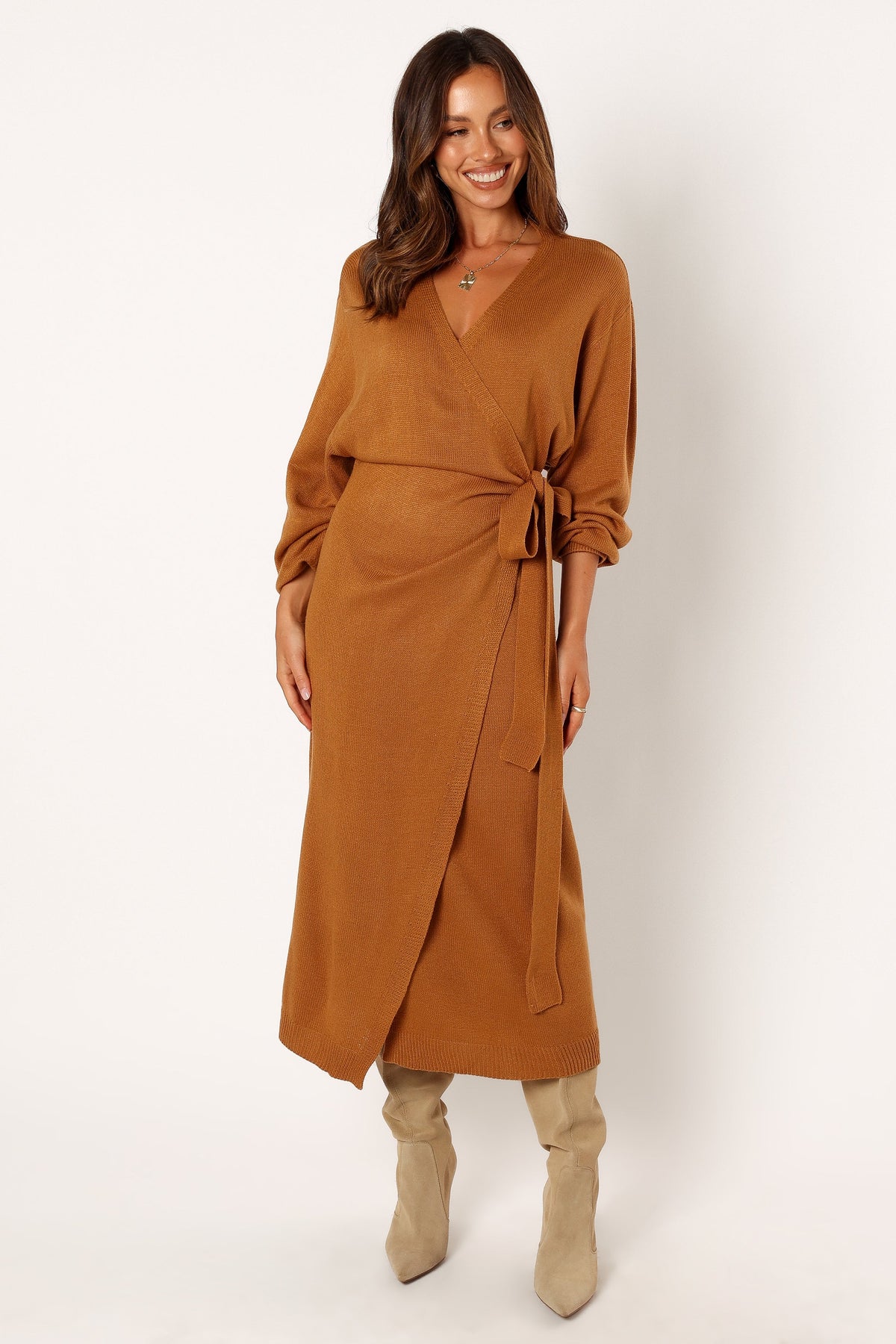 Nova Wrap Knit Midi Dress - Camel