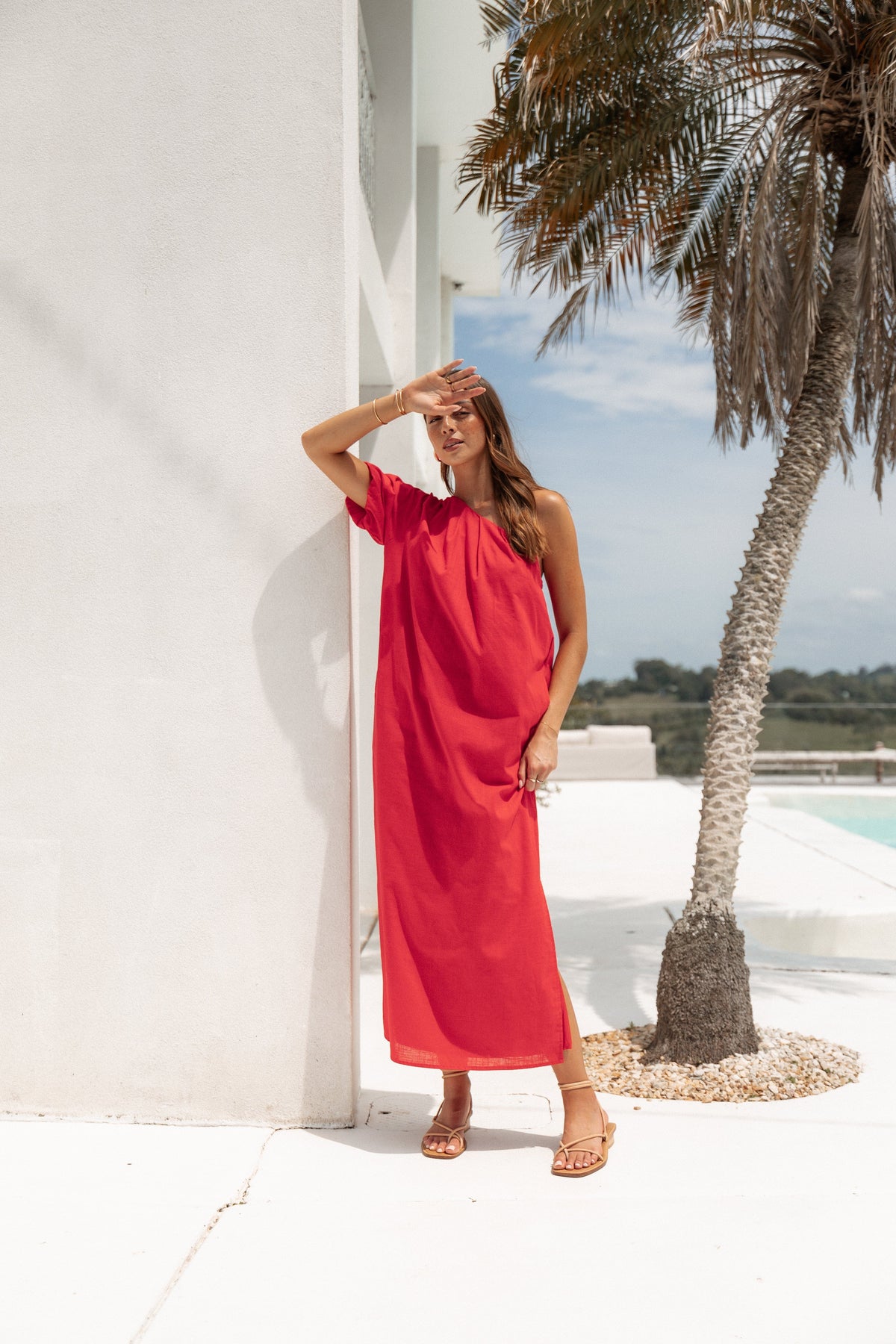 Roma One Shoulder Midi Dress - Red