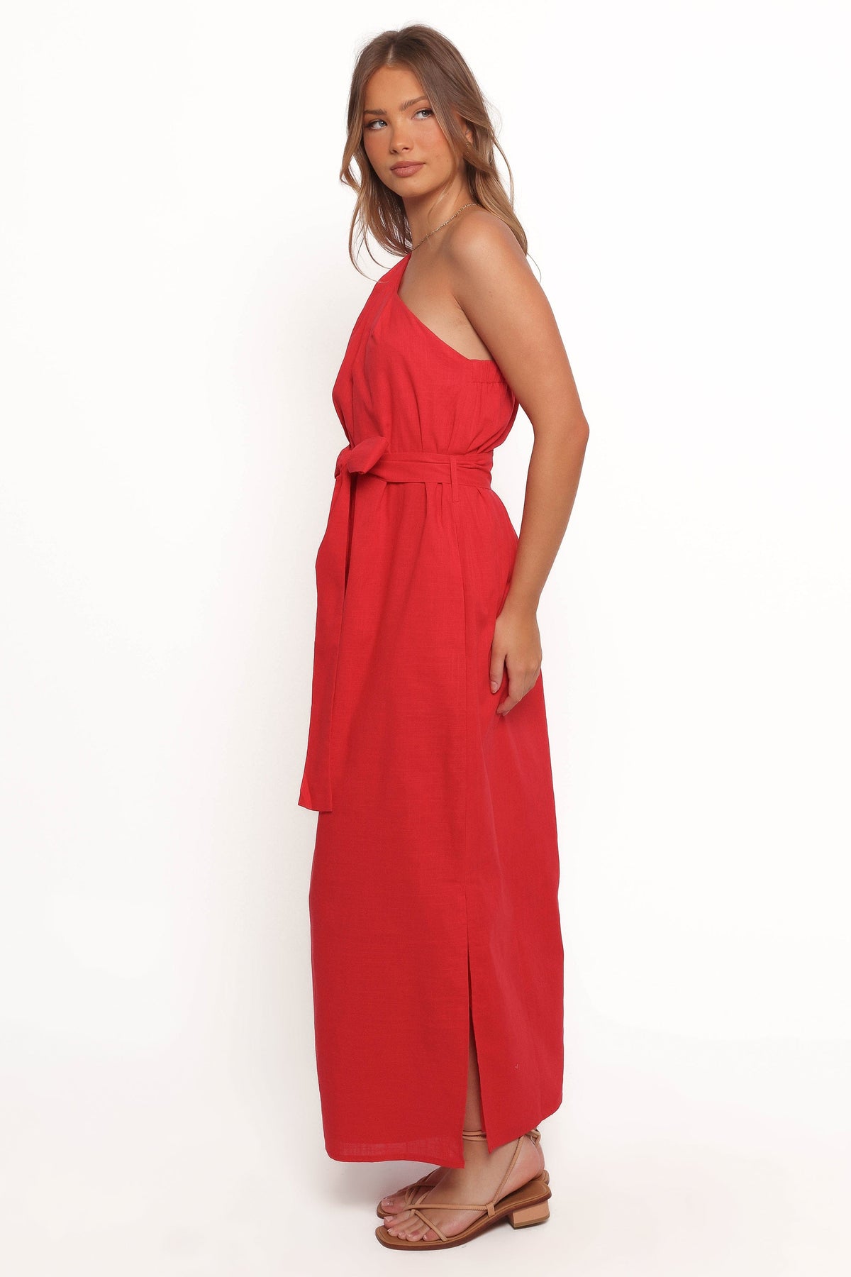 Roma One Shoulder Midi Dress - Red