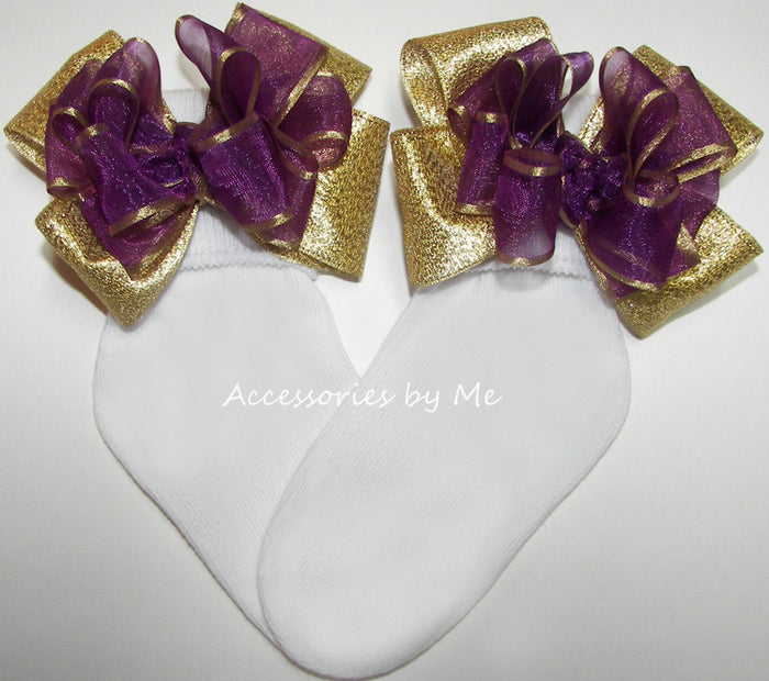 Plum Organza Satin Metallic Bow Socks
