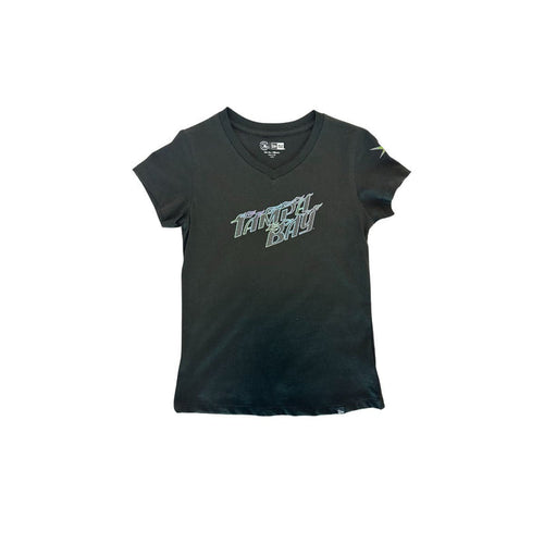 Rays Youth New Era Black Flames Wordmark City Connect V-Neck T-Shirt