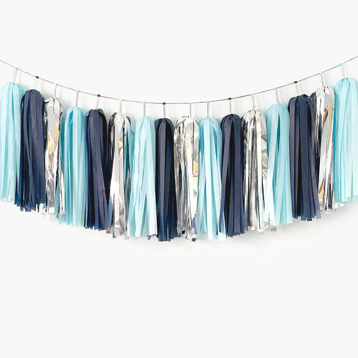 Shark Tassel Garland - Navy Silver Nautical Themed Party, Boy Birthday, Boy Baby Shower, Ocean Theme