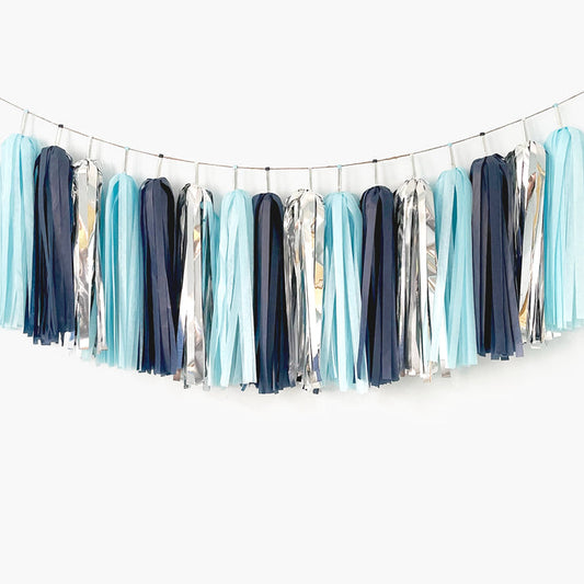 Shark Tassel Garland - Navy Silver Nautical Themed Party, Boy Birthday, Boy Baby Shower, Ocean Theme