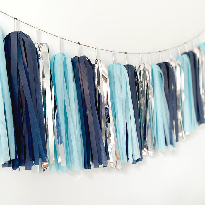 Navy Silver Tassel Garland - Shark Themed Party, Boy Birthday, Boy Baby Shower, Ocean Theme