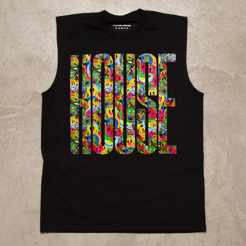 Smiley Higher House Front Print - Tank Tshirt - Black